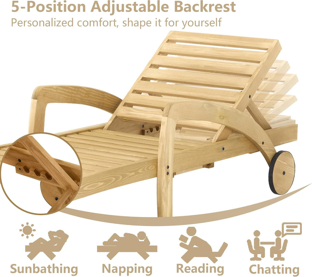 Pool Chaise Lounge Chairs Set of 4 5-Position Adjustable Outdoor Patio Lounge Chairs Wood Reclining Chaise Lounger Chair with Pullout Side Table wourant