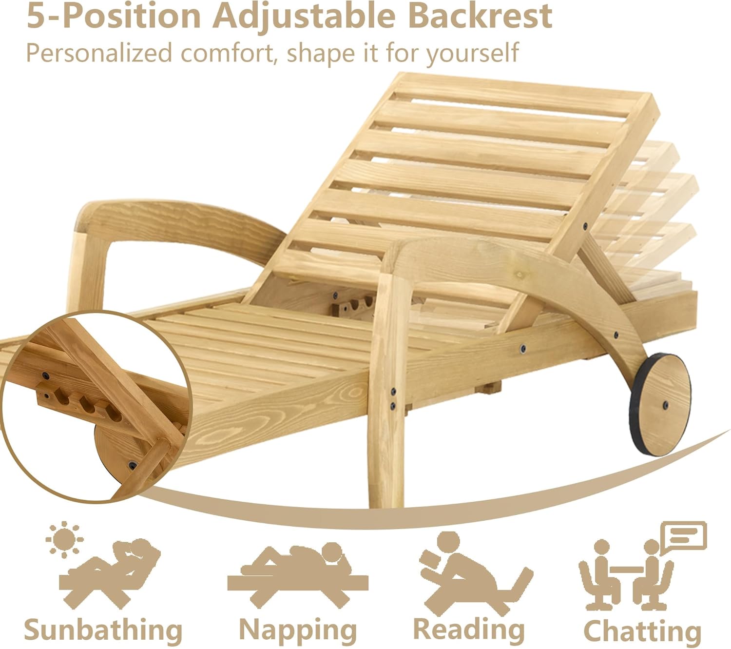 Pool Chaise Lounge Chairs Set of 4 5-Position Adjustable Outdoor Patio Lounge Chairs Wood Reclining Chaise Lounger Chair with Pullout Side Table wourant