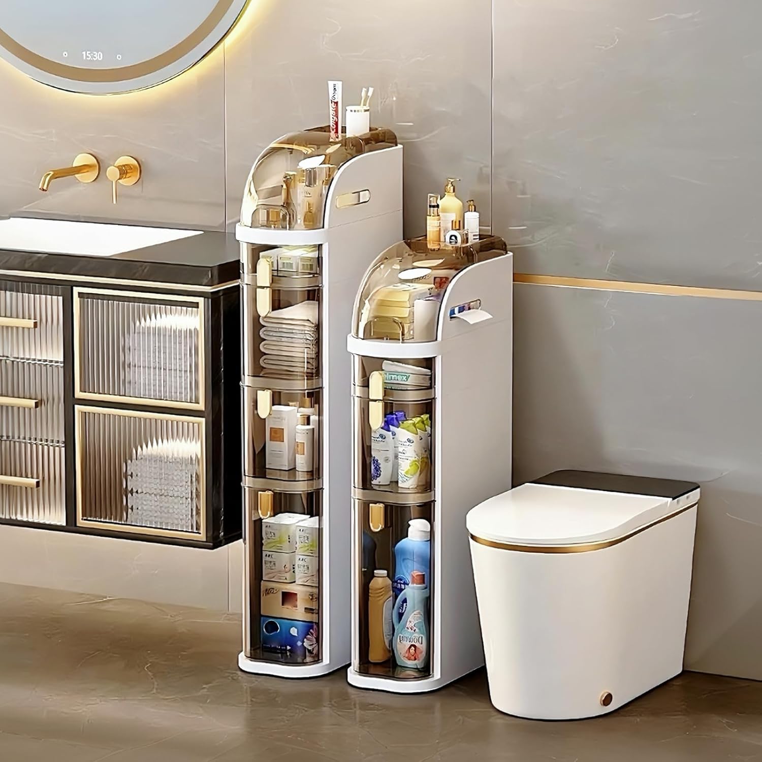4-Tiers Narrow Bathroom Storage Cabinet 7.1 Slim Bathroom Floor Organizer with Drawers and Tissue Box Plastic Waterproof Mobile Locker wourant