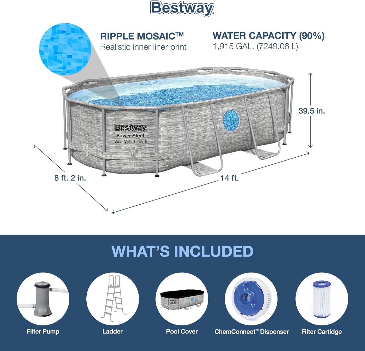 Power Steel Swim Vista Series II 14' x 8' 2" x 39.5" Above Ground Outdoor Swimming Pool Set with 530 GPH Filter Pump, Ladder, and Pool Cover wourant