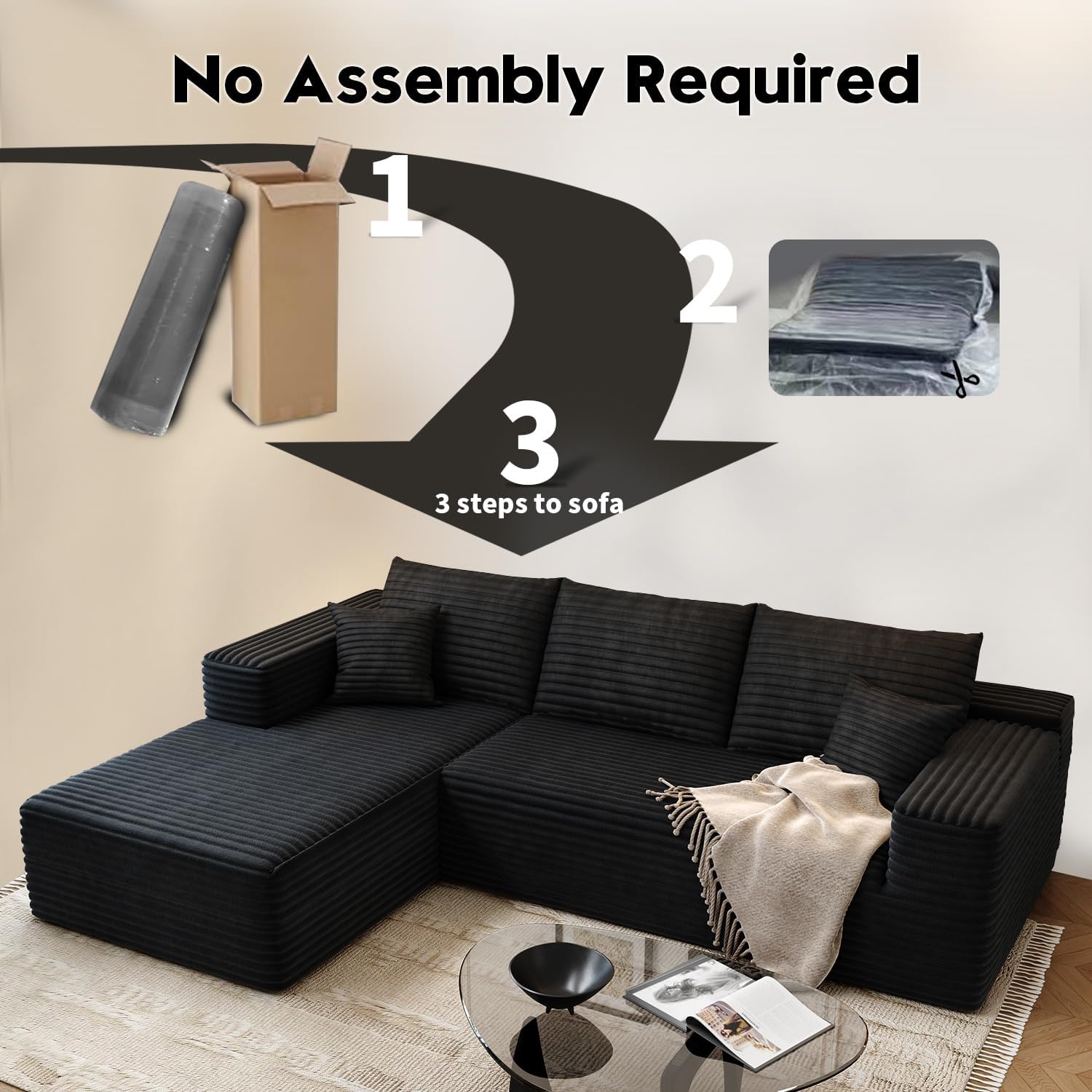 107.5 inch Cloud Modular Sectional Sofa with L-Shaped Chaise Lounge, Modern Minimalist Upholstered Sofa Deep Seating Corner Sofa wourant