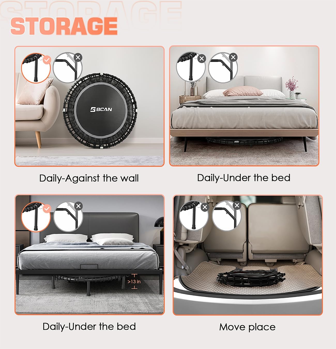 BCAN 450/550 LBS Foldable Mini Trampoline, 40"/48" Fitness Trampoline with Bungees, U Shape Adjustable Foam Handle, Stable & Quiet Exercise Rebounder for Adults Indoor/Outdoor Workout wourant