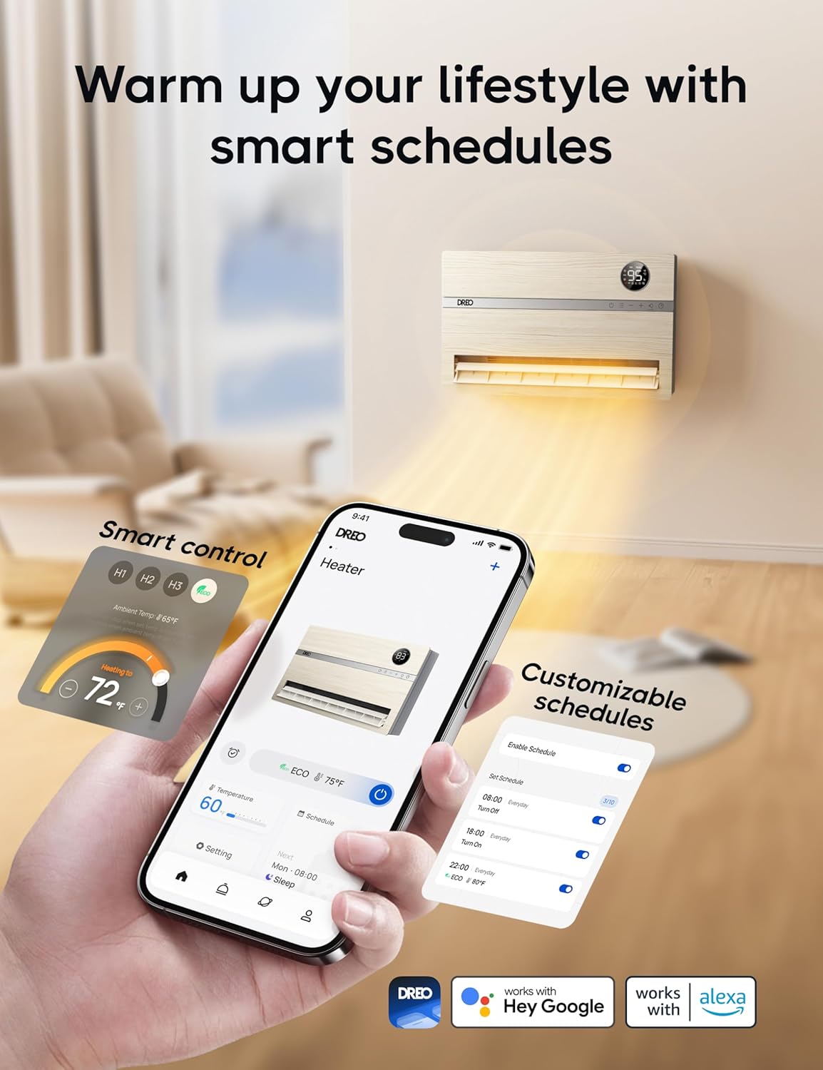 Smart wall mounted heater, bedroom electric heater, 1500W adjustable thermostat 24-hour timer easy to install indoor heater wourant