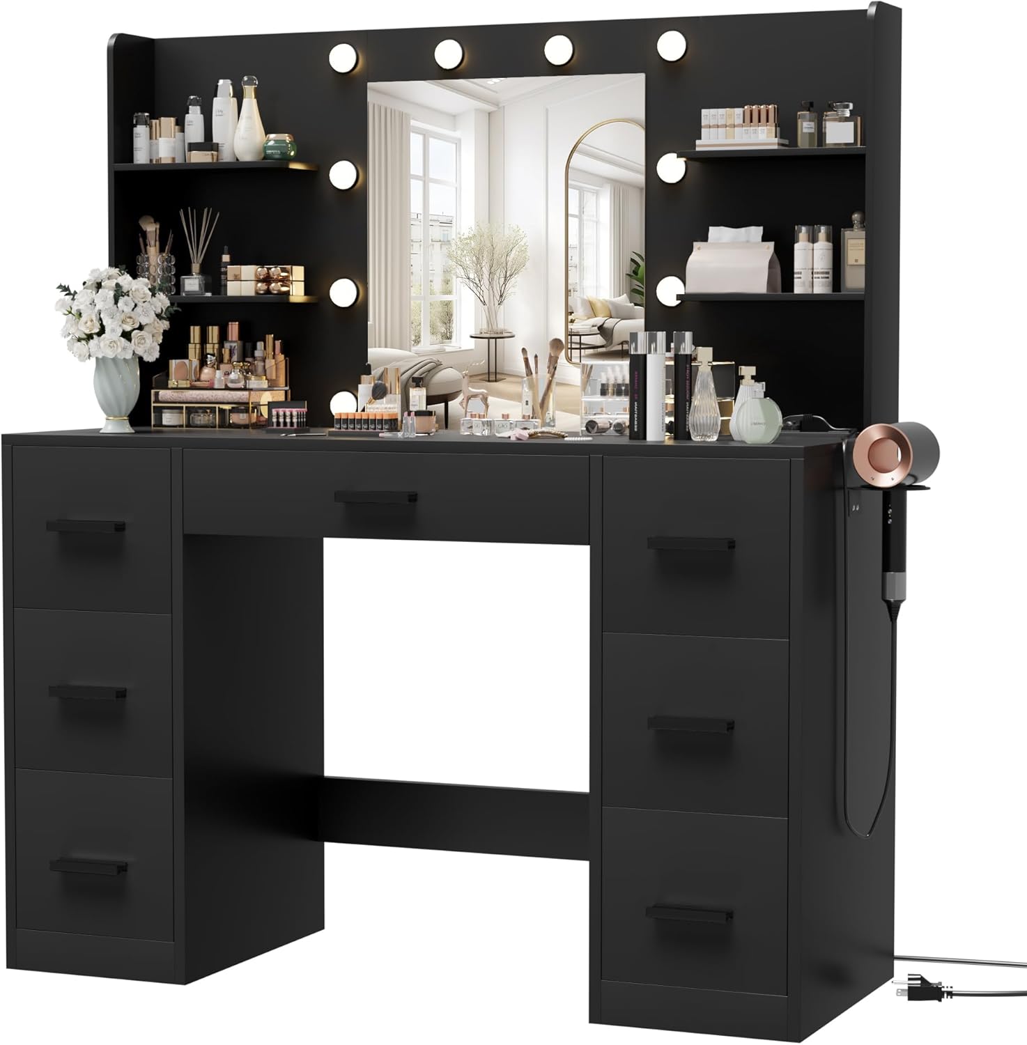 Furmax Vanity Desk with Mirror, LED Lights and Power Outlet Makeup Vanity Table wourant