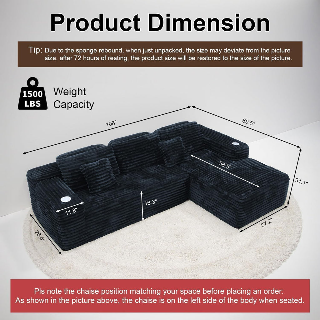 Cloud Sectional Couch with L-Shape Chaise, Modern Modular Sofa with Deep Seat, Built-in Cup Holder & Storage Pocket for Living Room Bedroom, No Assembly Required (Dark Gray, Left Sitting Chaise) wourant