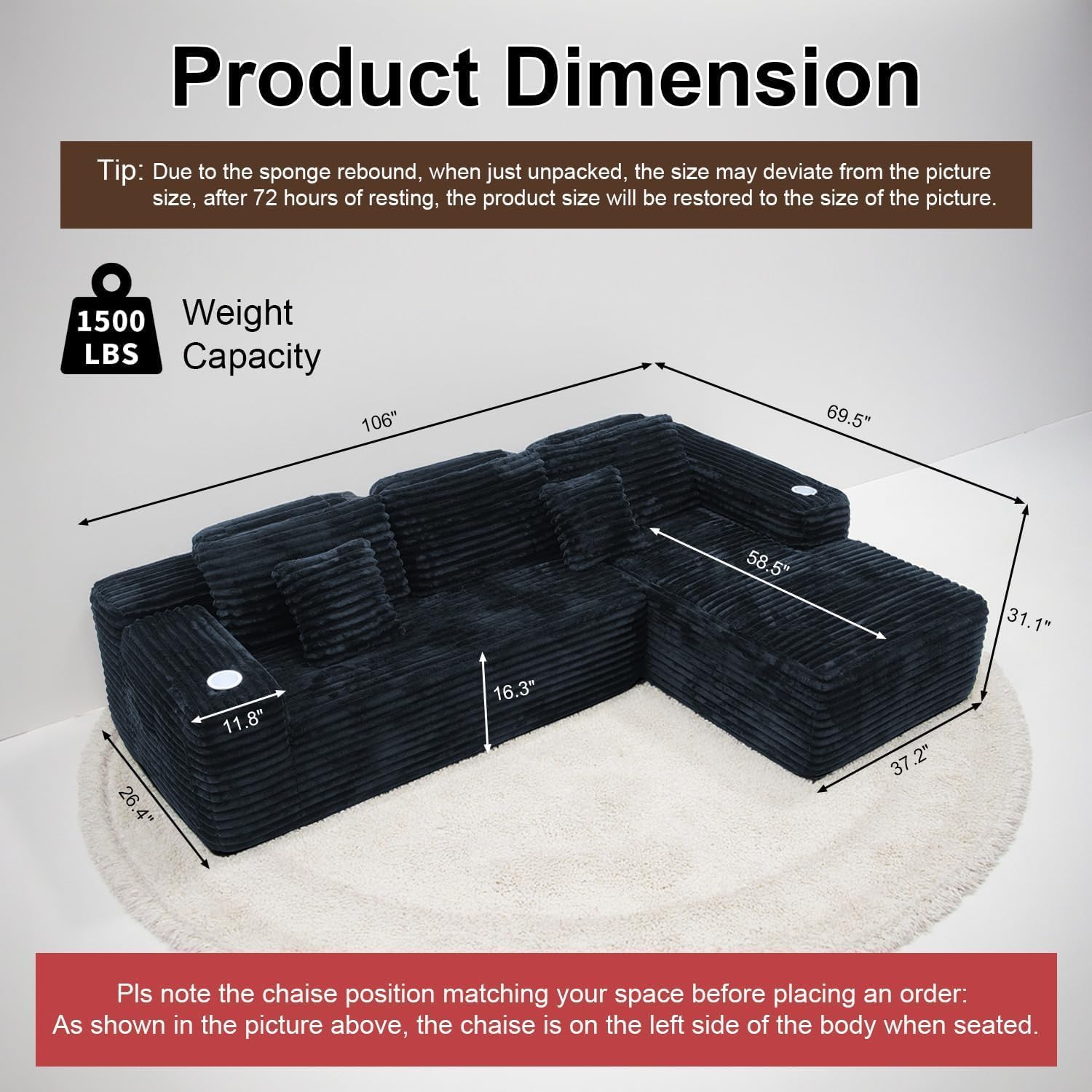 Cloud Sectional Couch with L-Shape Chaise, Modern Modular Sofa with Deep Seat, Built-in Cup Holder & Storage Pocket for Living Room Bedroom, No Assembly Required (Dark Gray, Left Sitting Chaise) wourant