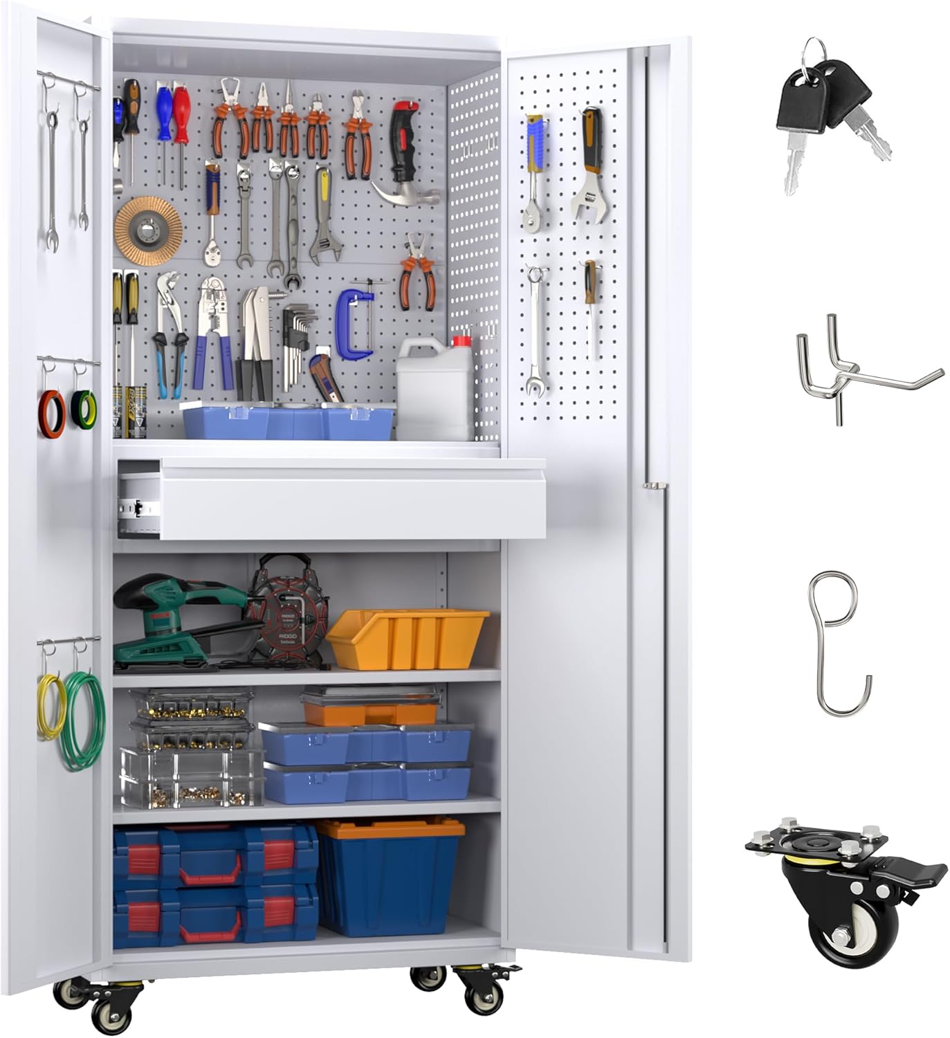 Metal Storage Cabinet with Pegboard 71'' x 34'' x 18'',Lockable Steel Storage Cabinet with 5 Adjustable Shelves and Door for Garage, Office, Kitchen, Assembly Required(Black) wourant