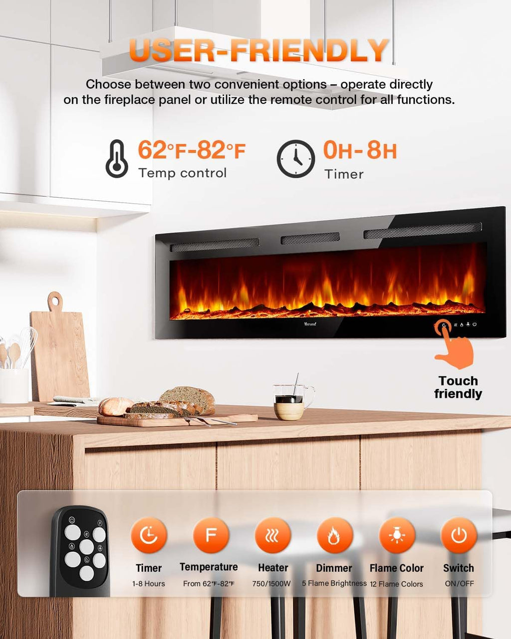 Electric Fireplace 60Inch,Wall Mounted Electric Fireplace Heater with Timer Inserts，TV Stand Touch Screen and Realistic Flame,Log Set,Crystal Flames 750 to 1500W，Remote for Living Room wourant