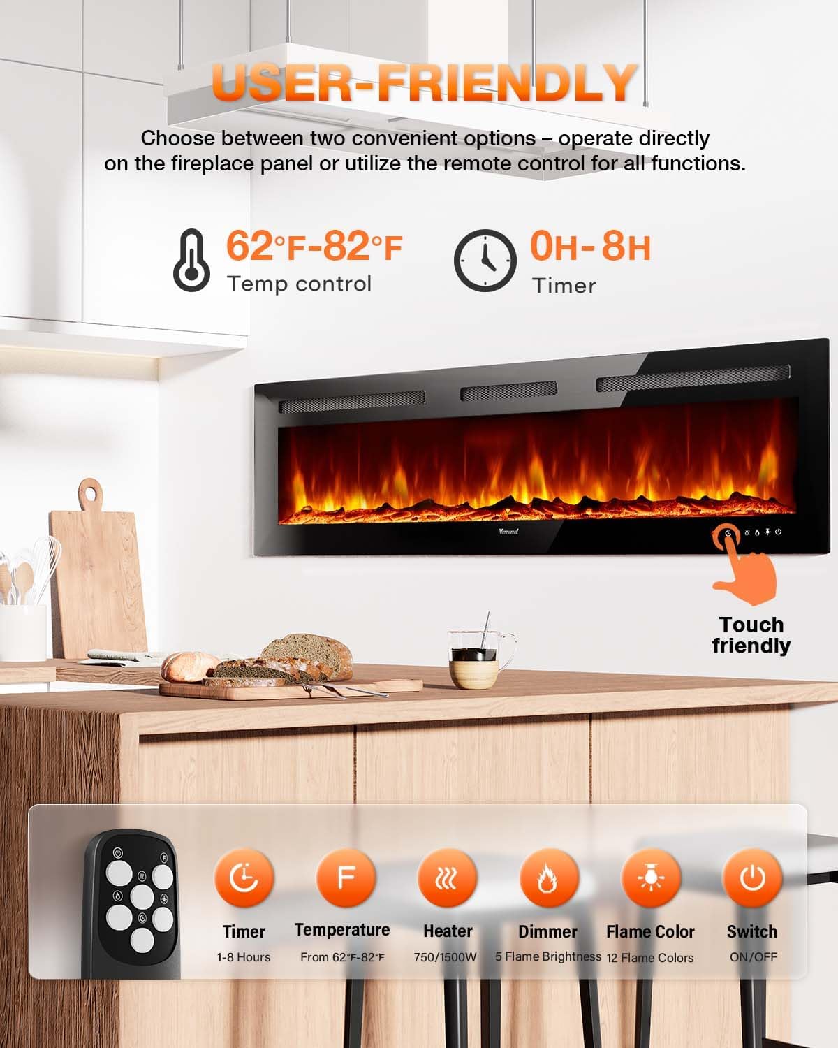 Electric Fireplace 60Inch,Wall Mounted Electric Fireplace Heater with Timer Inserts，TV Stand Touch Screen and Realistic Flame,Log Set,Crystal Flames 750 to 1500W，Remote for Living Room wourant