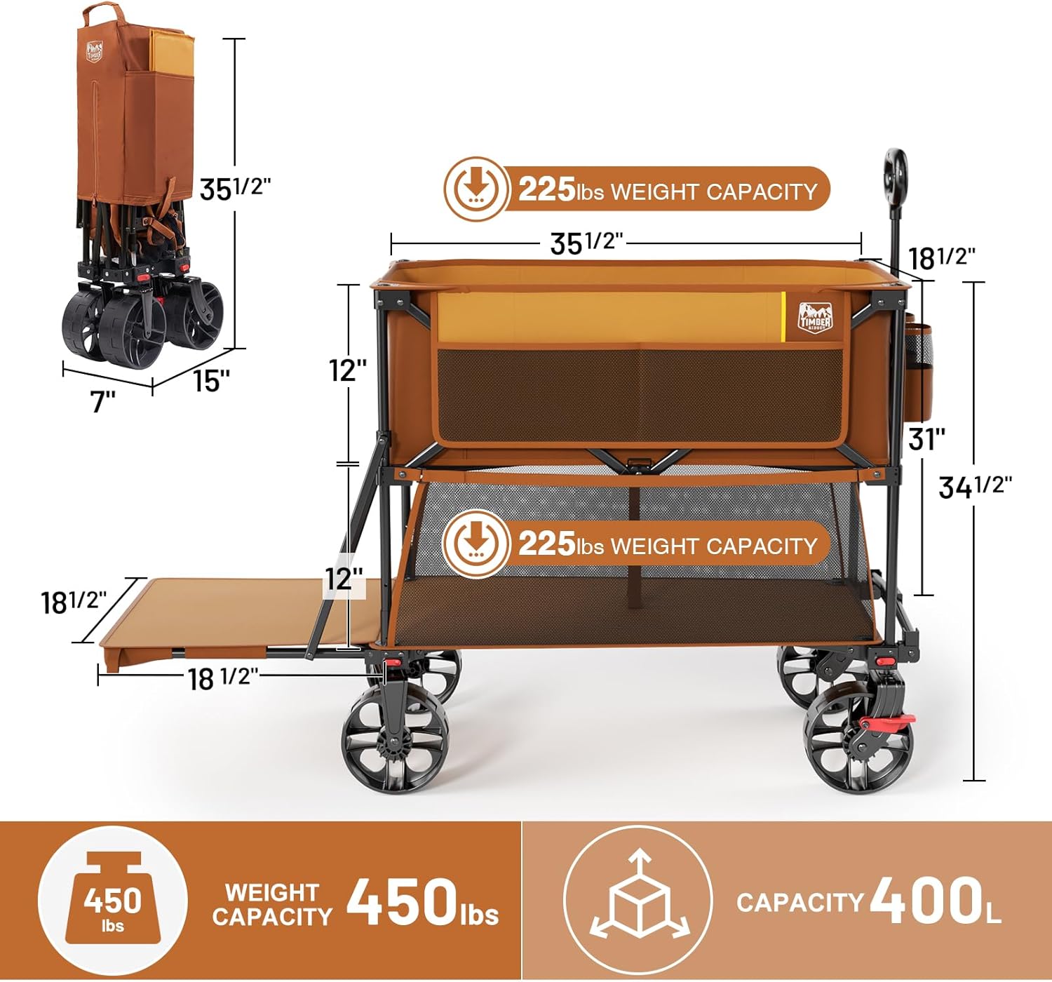 400L Large Capacity Folding Double Decker Cart with Brakes, 54 Inch Extra Long Extended Cart, 450 Pounds Heavy Duty Folding Cart wourant