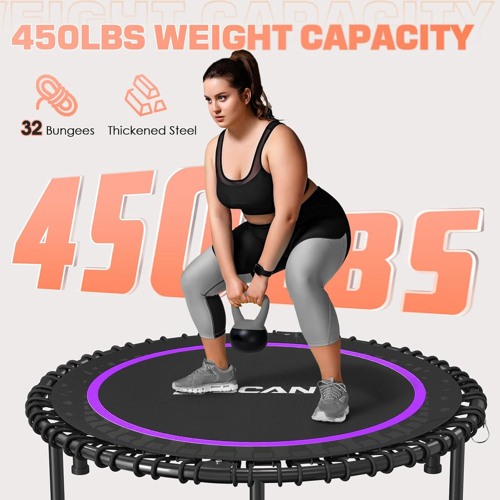 BCAN 450/550 LBS Foldable Mini Trampoline, 40"/48" Fitness Trampoline with Bungees, U Shape Adjustable Foam Handle, Stable & Quiet Exercise Rebounder for Adults Indoor/Outdoor Workout wourant