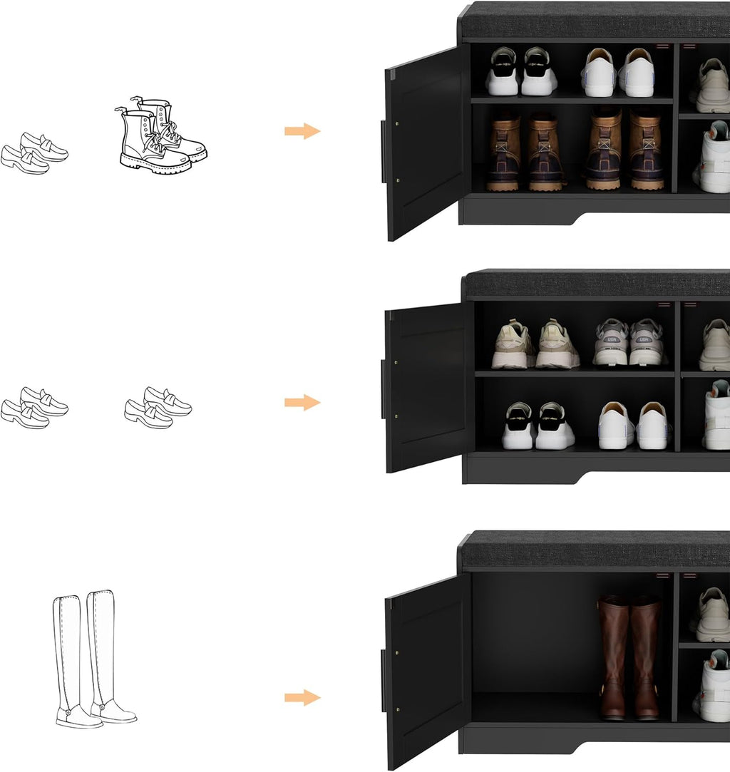 2-Tier Storage Bench, Shoe Bench with Thickened Padded Seat Cushion, Entryway Bench with 4 Doors, Adjustable Shelf, 13.8" D x 45.3" W x 18.5" H, for Entryway, Living Room, Bedroom, White wourant