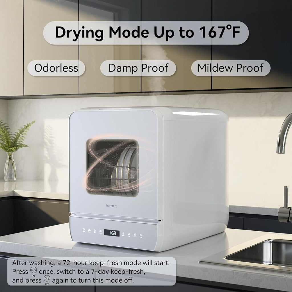 Hermitlux Countertop Dishwasher, 7 Washing Programs Portable Mini Dishwasher with 5-Liter Built-in Water Tank for Apartments & RVs, LED Light, Glass Door, No Hookup Needed wourant
