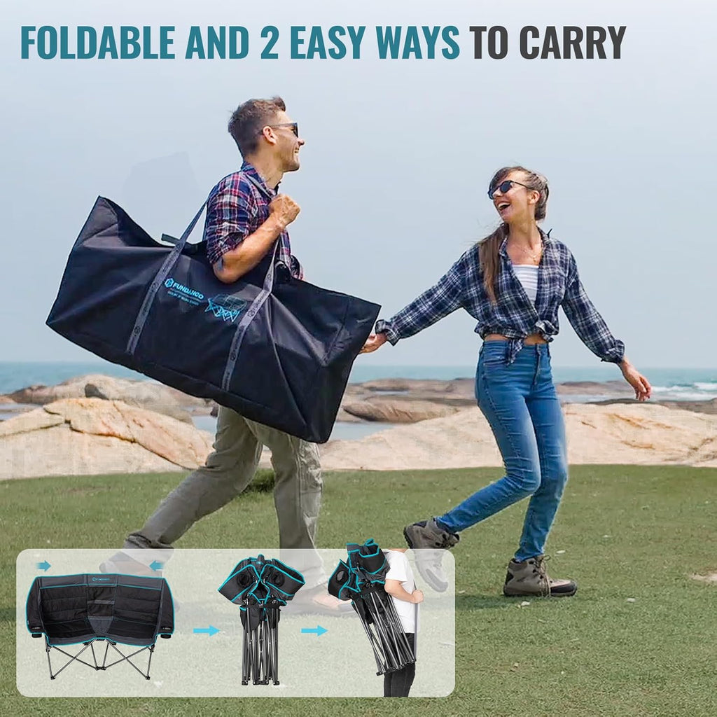 Double Camping Chair with Cooler 3-Person Folding Extra Large Camping Chair with 1000-Pound Load Capacity wourant