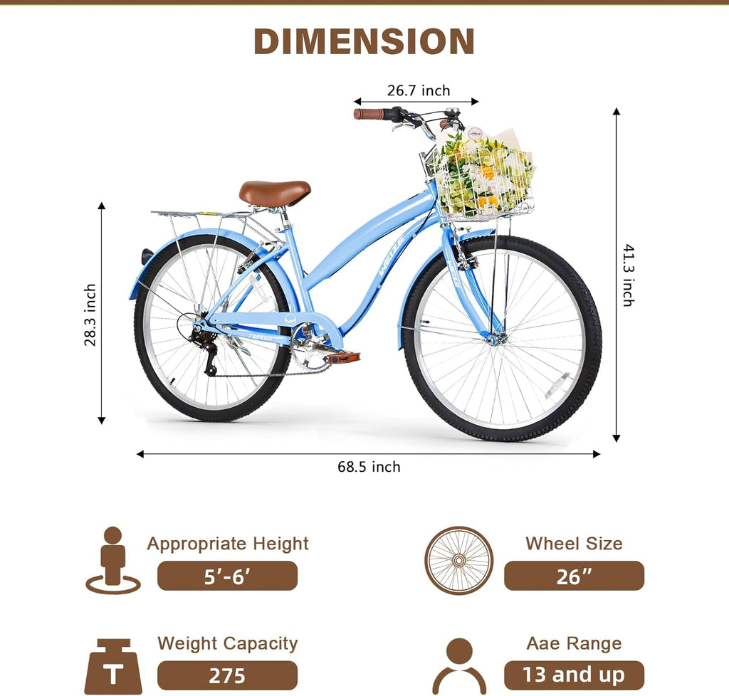 WEIZE Beach Cruiser Bike, 26 inch Commuter Bicycle for Adult Men and Women, 7-Speed/High-Carbon Steel/Front & Rear Fenders, Comfortable City Bikes with Rear Rack or Basket, Ergonomic Upright Design wourant