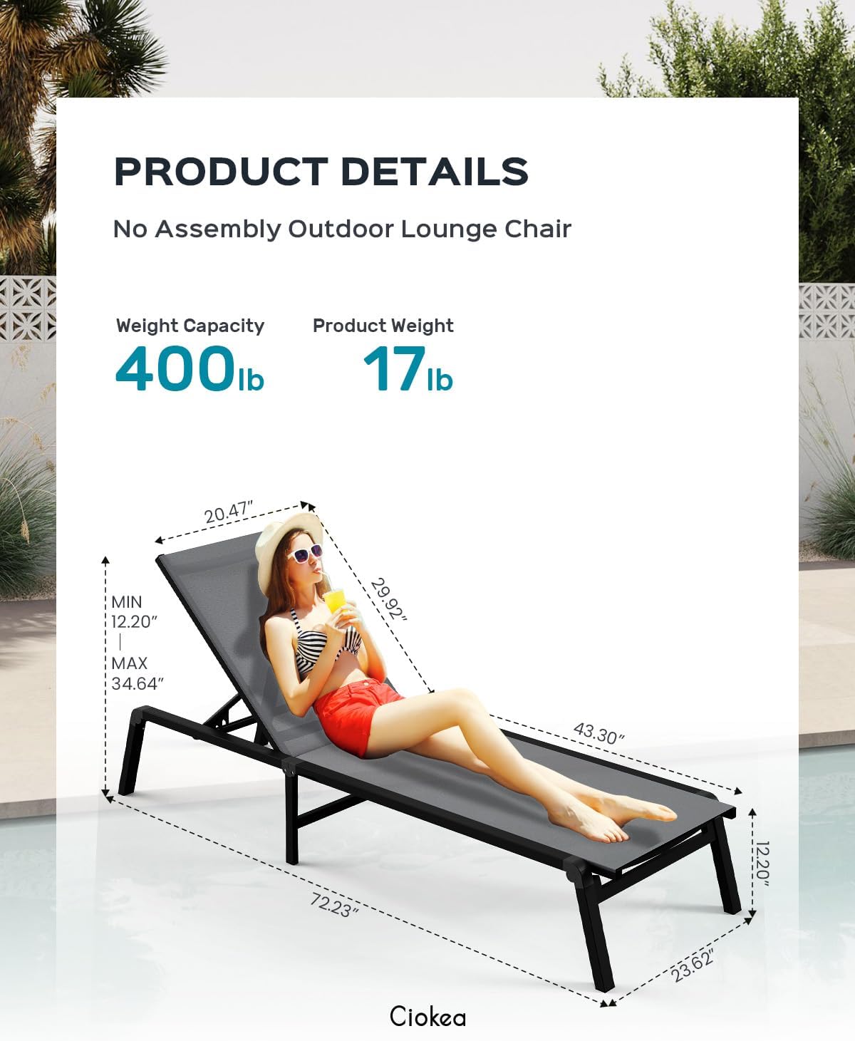 Aluminum Chaise Lounge Ourdoor - Foldable & Assemble Free Outdoor Lounge Chair with 5 Adjustable Backrest, Patio Lounge Chair for Outside Poolside Beach Pool, Black wourant