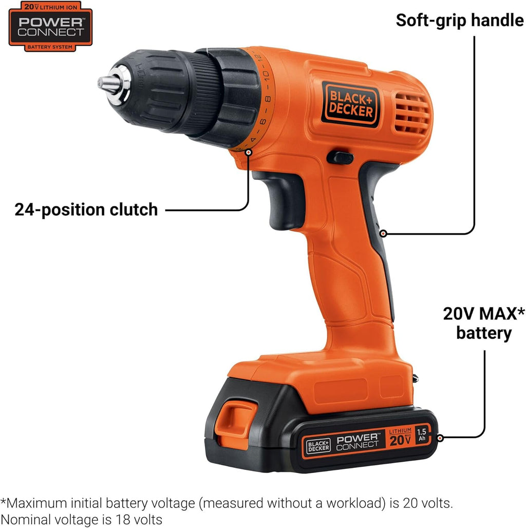 BLACK+DECKER 20V MAX POWERCONNECT Power Drill Cordless Drill Driver Electric Screwdriver with 30 Piece Bit Set and Drivers Kit, Battery and Charger Included (LD120VA) wourant