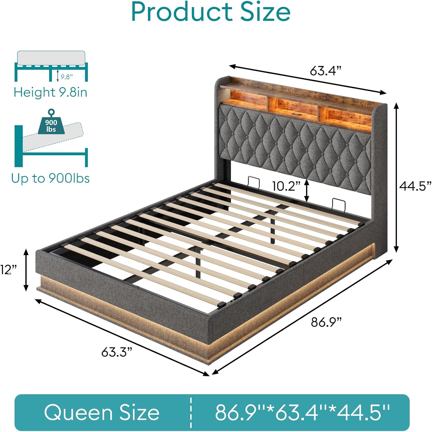 Queen Bed Frame Storage Lift Up Queen Size Bed Frame Headboard Upholstered Platform Bed wourant