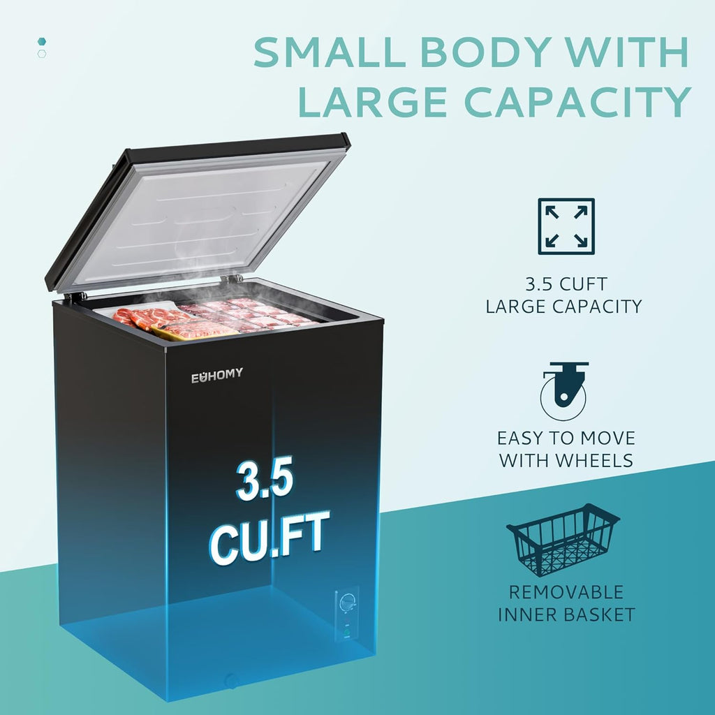 EUHOMY 3.5 Cu.Ft Chest Freezer with Removable Basket, Small Deep Freezer Adjustable 7 Thermostat, Quiet Mini Freezer Free-Standing Top Door, Energy Saving for Apartment/Garage/Basement/Dorm/Home,Black wourant