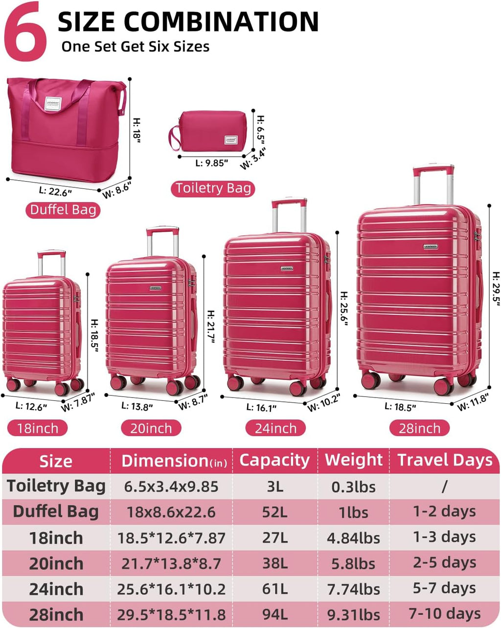 6-piece luggage set, expandable hardshell suitcase set with spinner wheels, lightweight rolling luggage set wourant