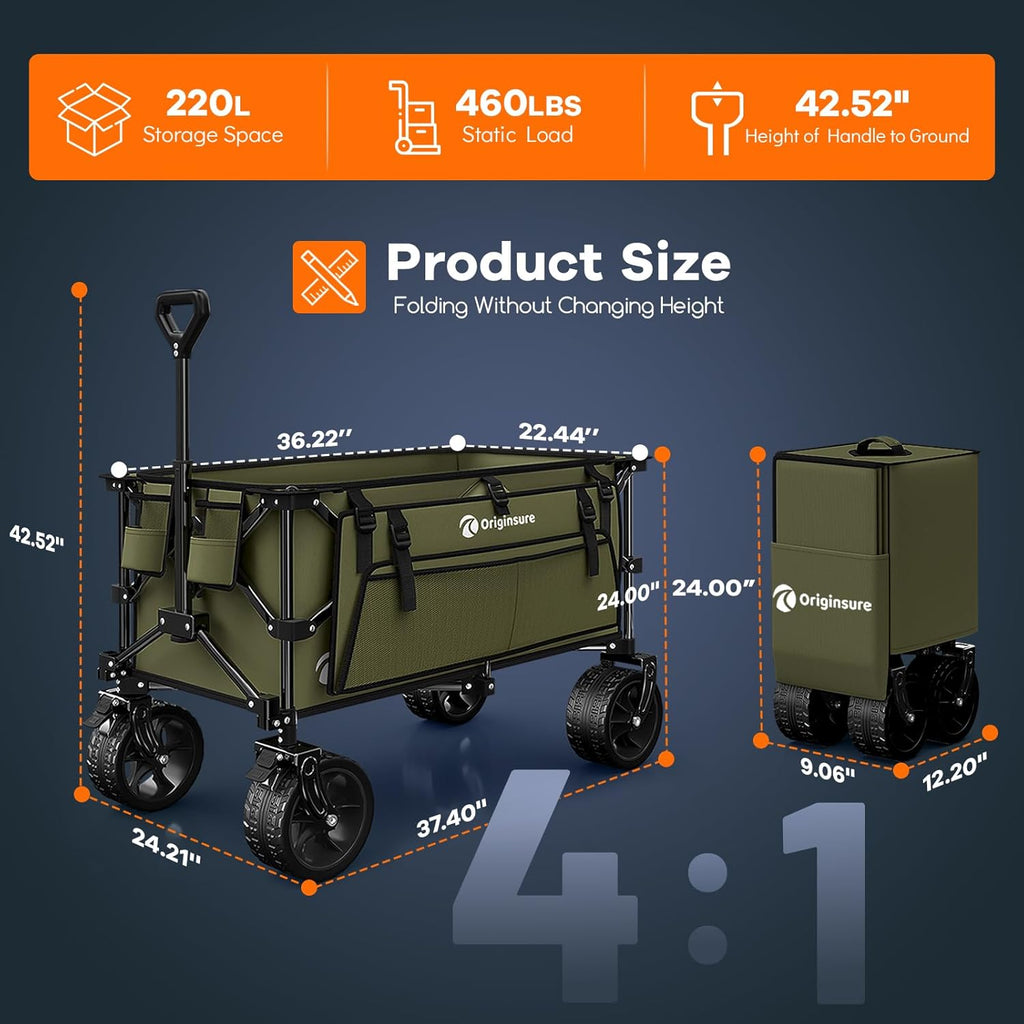 38" long foldable four-wheel stroller, foldable, 460 lb capacity, 220 liter heavy-duty folding beach stroller with large all-terrain tires wourant