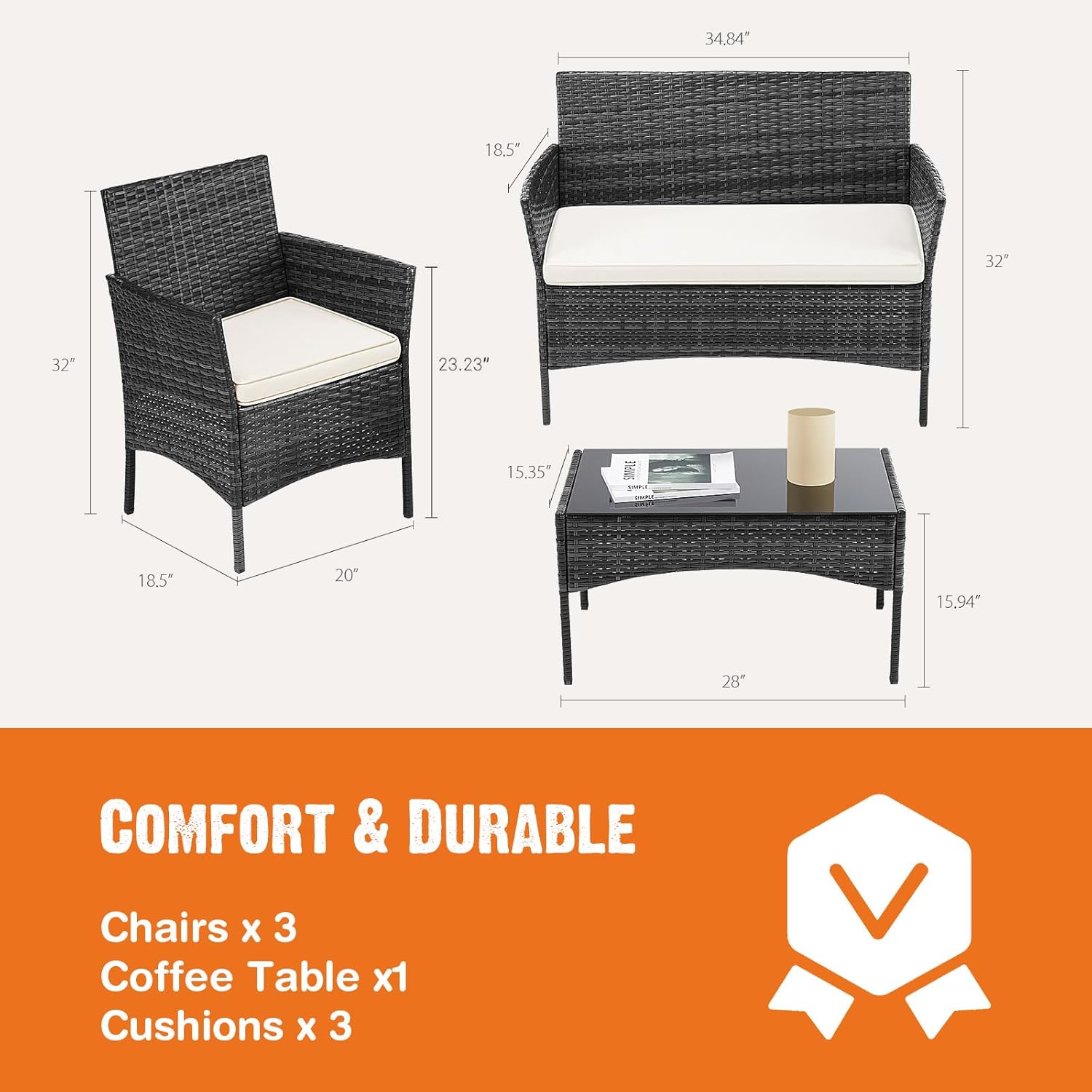 Sweetcripy Patio Furniture Set 3 Pieces, Outdoor Furniture with Soft Cushion and Glass Table, All Weather Manual Weaving Wicker Rattan Patio Chairs for Garden, Terrace, Porch(Black and Beige) wourant