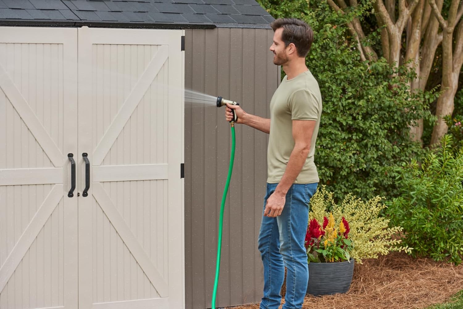 Rubbermaid Resin Outdoor Storage Shed With Floor (7 x 7 Ft) Weather Resistant Gray Organization for Home/Backyard/Garden Tools/Lawn Mower/Bike Storage/Pool Supplies wourant