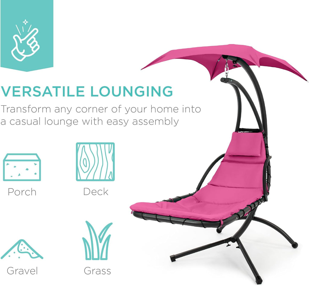 Best Choice Products Outdoor Hanging Curved Steel Chaise Lounge Chair Swing w/Built-in Pillow and Removable Canopy - Charcoal Gray wourant