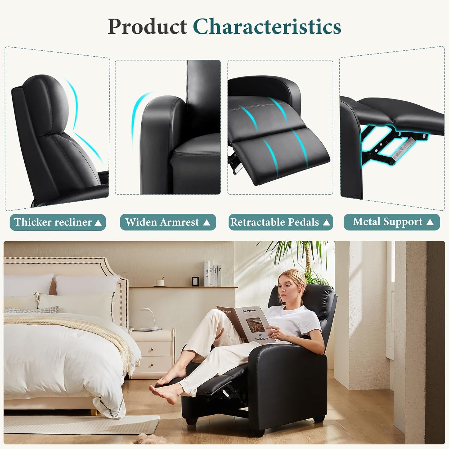 DUMOS Recliner Chair for Adults, Massage Reclining Chair for Living Room, Adjustable Home Theater Seating Single Sofa with Padded Seat Backrest and Footrest, Linen, Grey wourant
