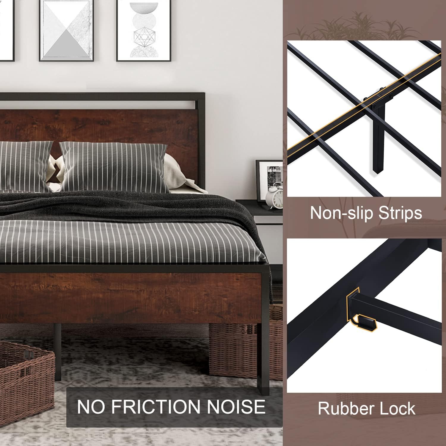SHA CERLIN 14 Inch Full Size Metal Platform Bed Frame with Wooden Headboard and Footboard wourant