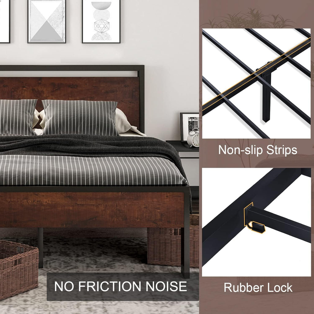 SHA CERLIN 14 Inch Queen Size Metal Platform Bed Frame with Wooden Headboard and Footboard wourant