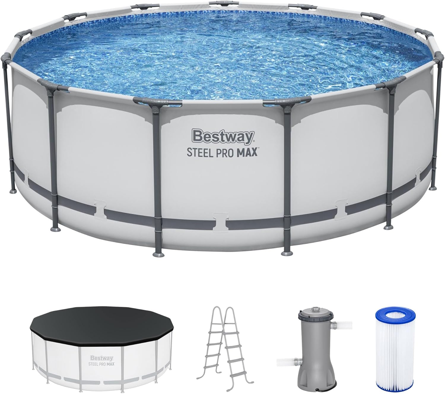 Steel Pro MAX 14 Foot x 48 Inch Round Metal Frame Above Ground Outdoor Swimming Pool Set with 1,000 Filter Pump, Ladder, and Cover, Gray wourant