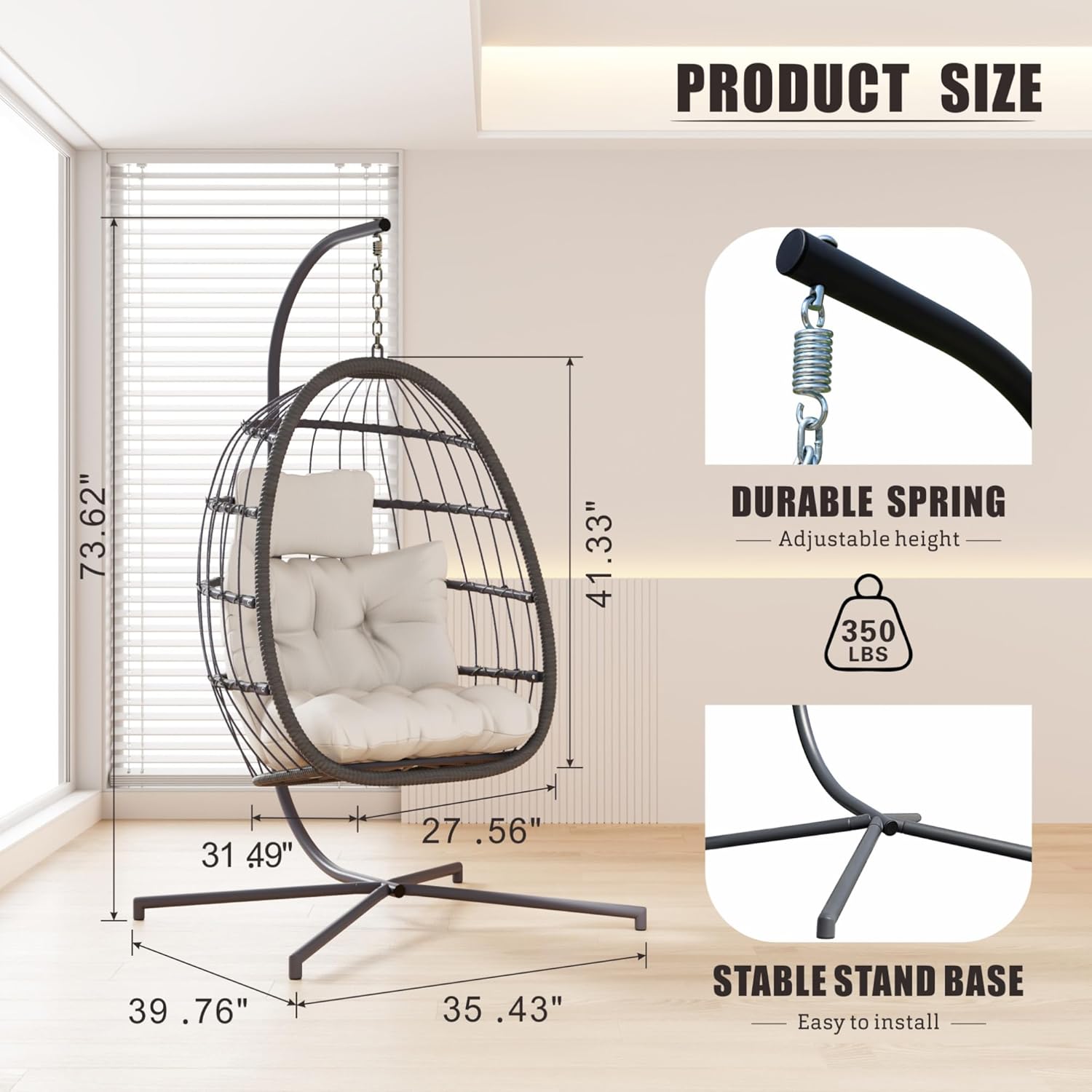 HWB Hanging Egg Chair Patio Wicker Hammock Egg Swing Chair with Cushion for Bedroom wourant
