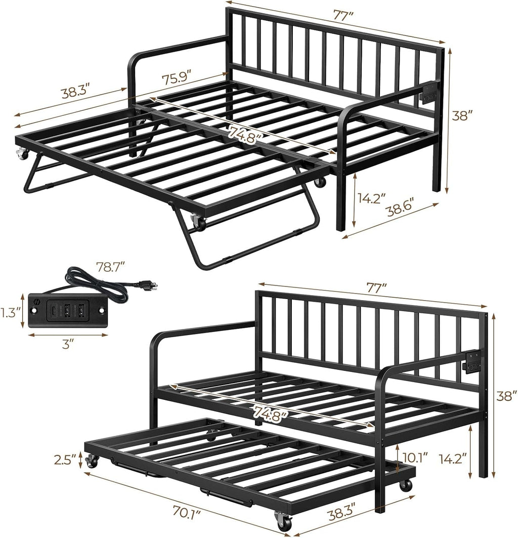 Rolanstar Daybed with Charging Station and LED Lights, Height Adjustable Twin Daybed with Trundle, Metal Sofa Bed Frame with Steel Slat Support wourant