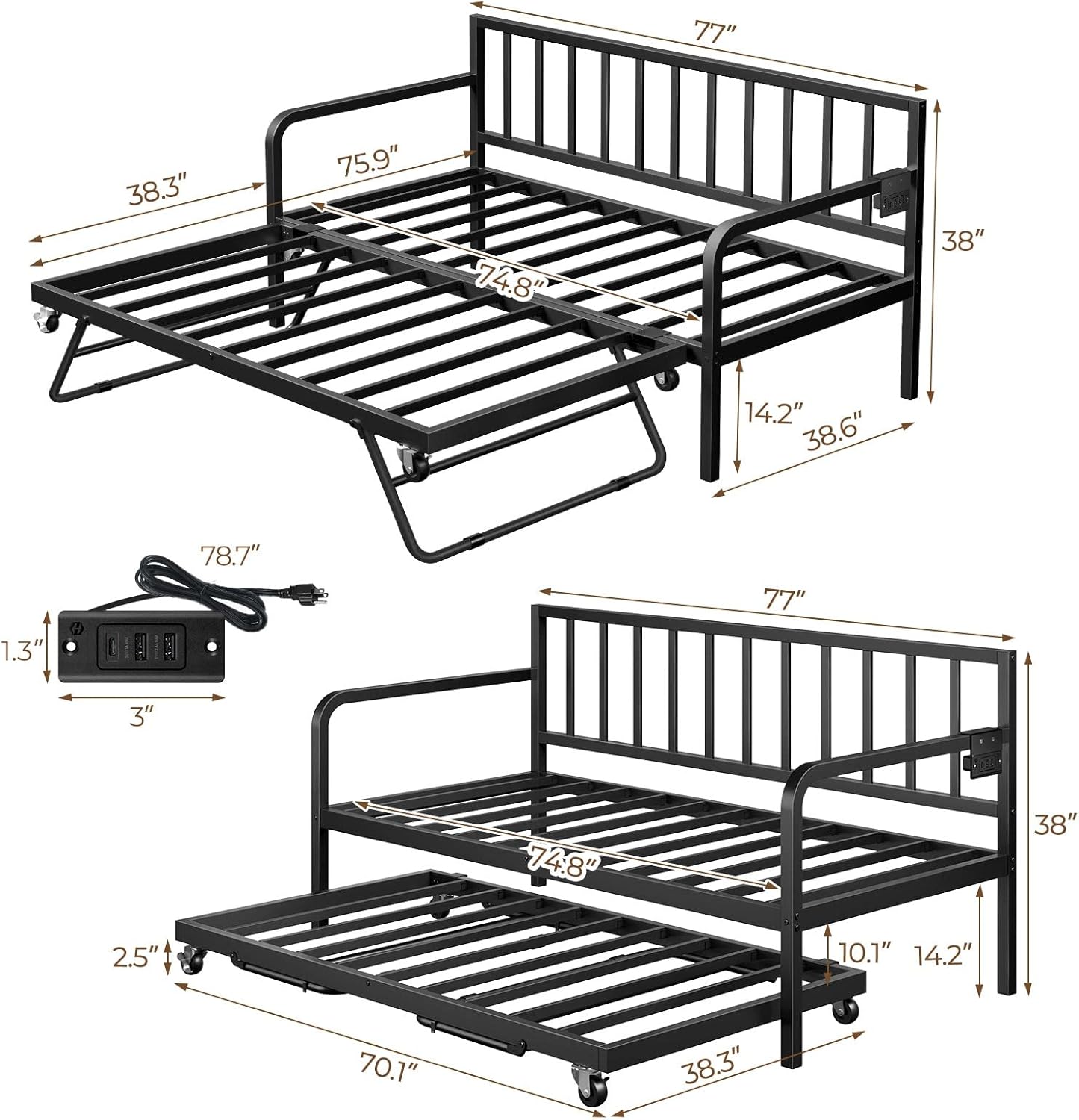 Rolanstar Daybed with Charging Station and LED Lights, Height Adjustable Twin Daybed with Trundle, Metal Sofa Bed Frame with Steel Slat Support wourant