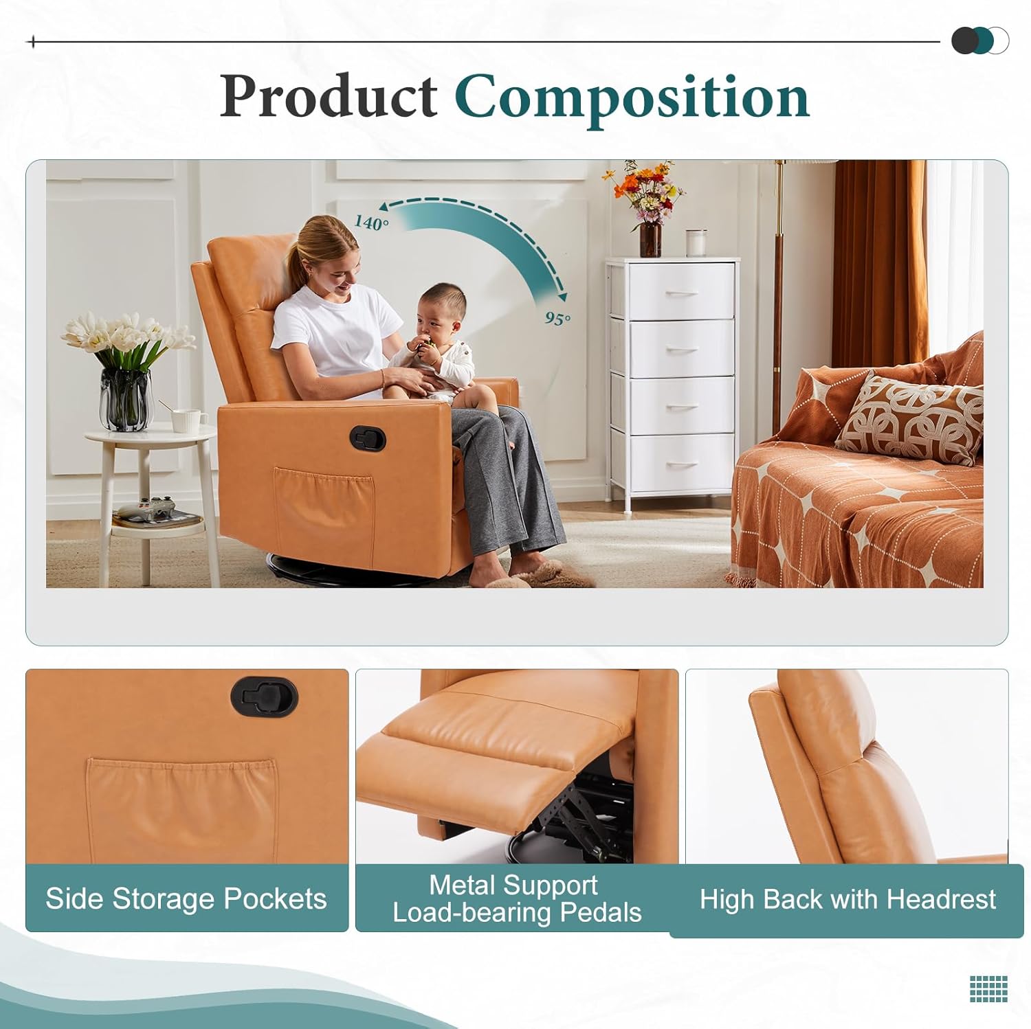 Swivel Rocking Recliner Chair with Extra Large Footrest High Back, Upholstered Glider Nursery Chair for Living Room, Bedroom & Nursery, Comfortable Deep Seat for Relaxation, Grey wourant