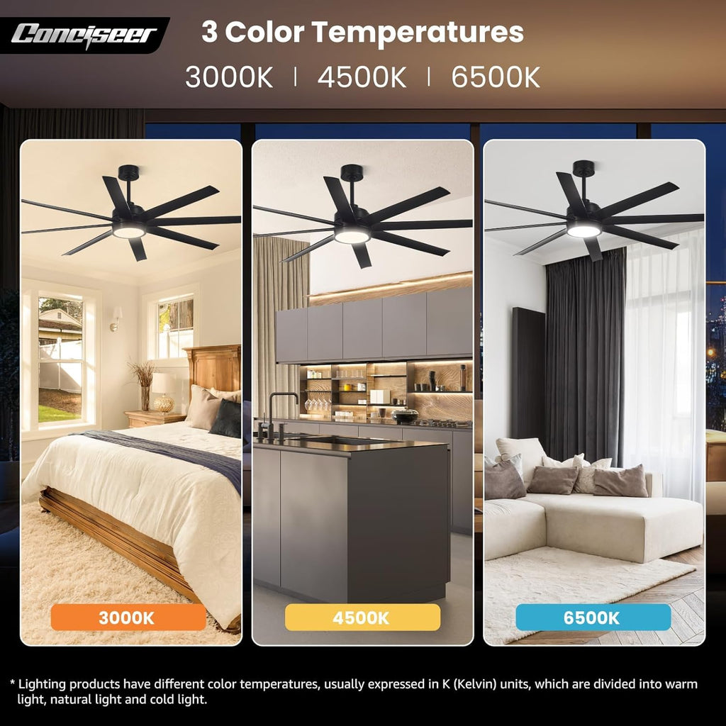 Modern Ceiling Fans with Lights, 72 Inch Ceiling Fan with Light and Remote, Bedroom Living Room Library Cafe Outdoor/Industrial,24W 3CCT Dimmable, 8 Blades 6 Speed Reversible Quiet DC Motor, Black wourant