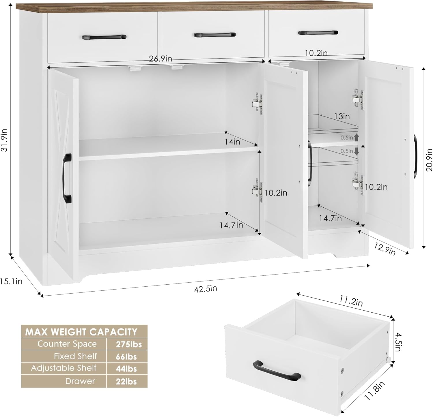Modern farmhouse sideboard, barn door buffet storage cabinet with drawers and shelves, wooden coffee bar with storage wourant