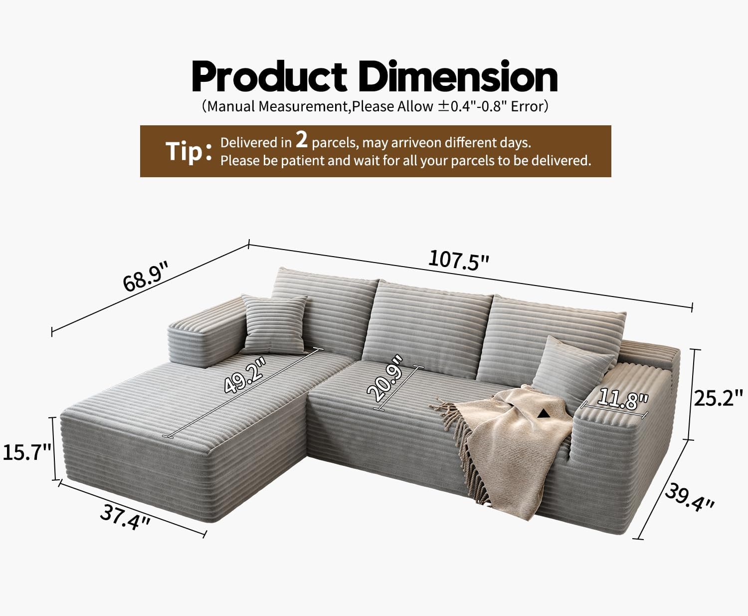 107.5" Cloud Modular Sectional Sofa Couch with L-Shape Chaise,Modern Minimalist Upholstered Couches wourant