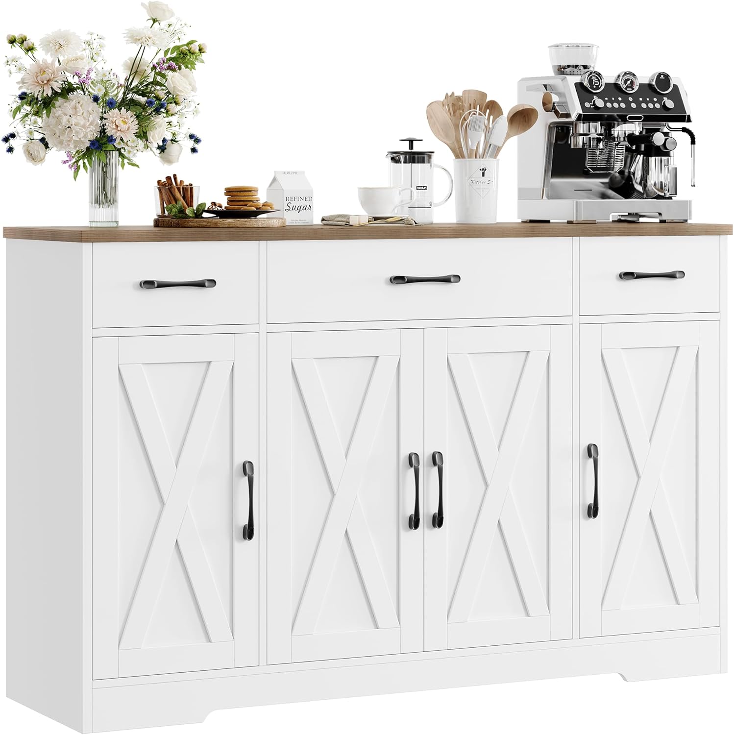 Sideboard with drawers, large 55-inch sideboard, sideboard storage with shelves and doors, modern farmhouse coffee bar wood kitchen dining table wourant