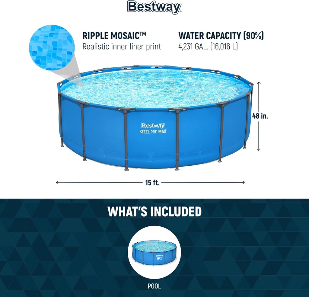 Steel Pro MAX 14 Foot x 48 Inch Round Metal Frame Above Ground Outdoor Swimming Pool Set with 1,000 Filter Pump, Ladder, and Cover, Gray wourant