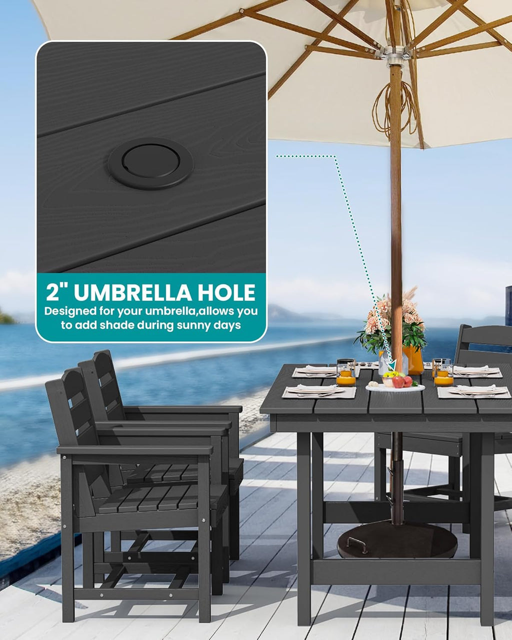 Outdoor HDPE Dining Table Set, 7-Piece Outdoor Dining Table Sets with Umbrella Hole Cut-Out Table and 6 Chairs wourant