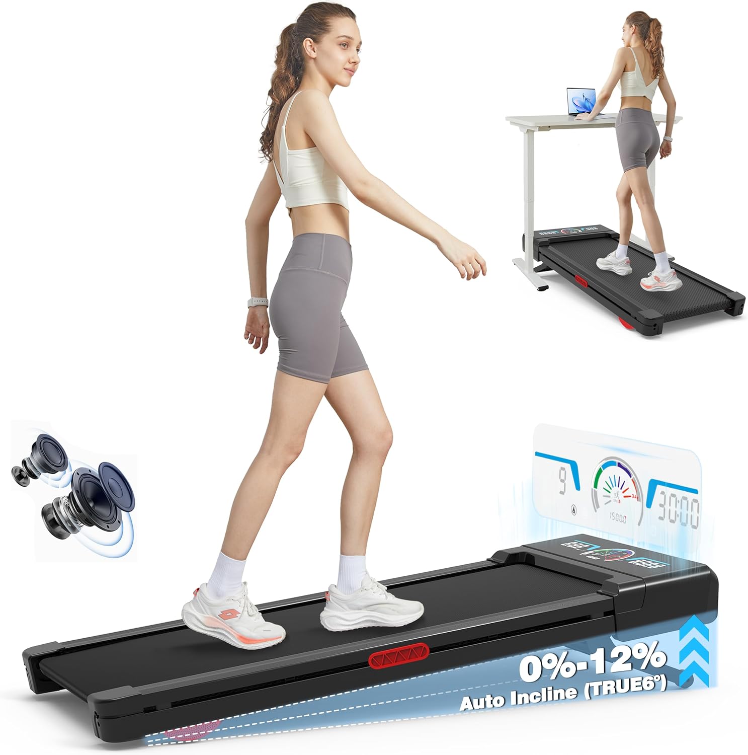 The Walking Pad treadmill features 12% 9-level automatic incline, 450-pound capacity, RGB LED screen, and Bluetooth speakers. wourant
