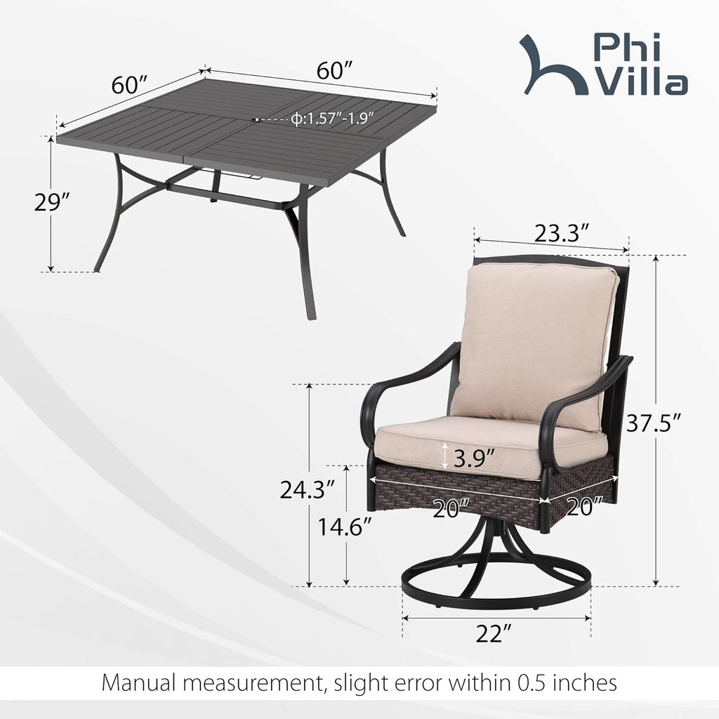 PHI VILLA 6-Piece Outdoor Dining Sets, All-Weather Patio Table and Chairs Set with Umbrella for 4, Heavy Duty Patio Round Table Set for Deck, 4 Extra Large Outdoor Swivel Chairs with Thick Cushions wourant