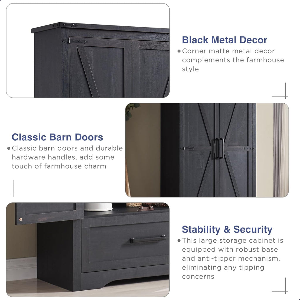 JXQTLINGMU Farmhouse Kitchen Pantry - 72" Tall Wood Kitchen Storage Cabinet with Adjustable Shelves and 2 Barn-Style Doors and Drawers wourant