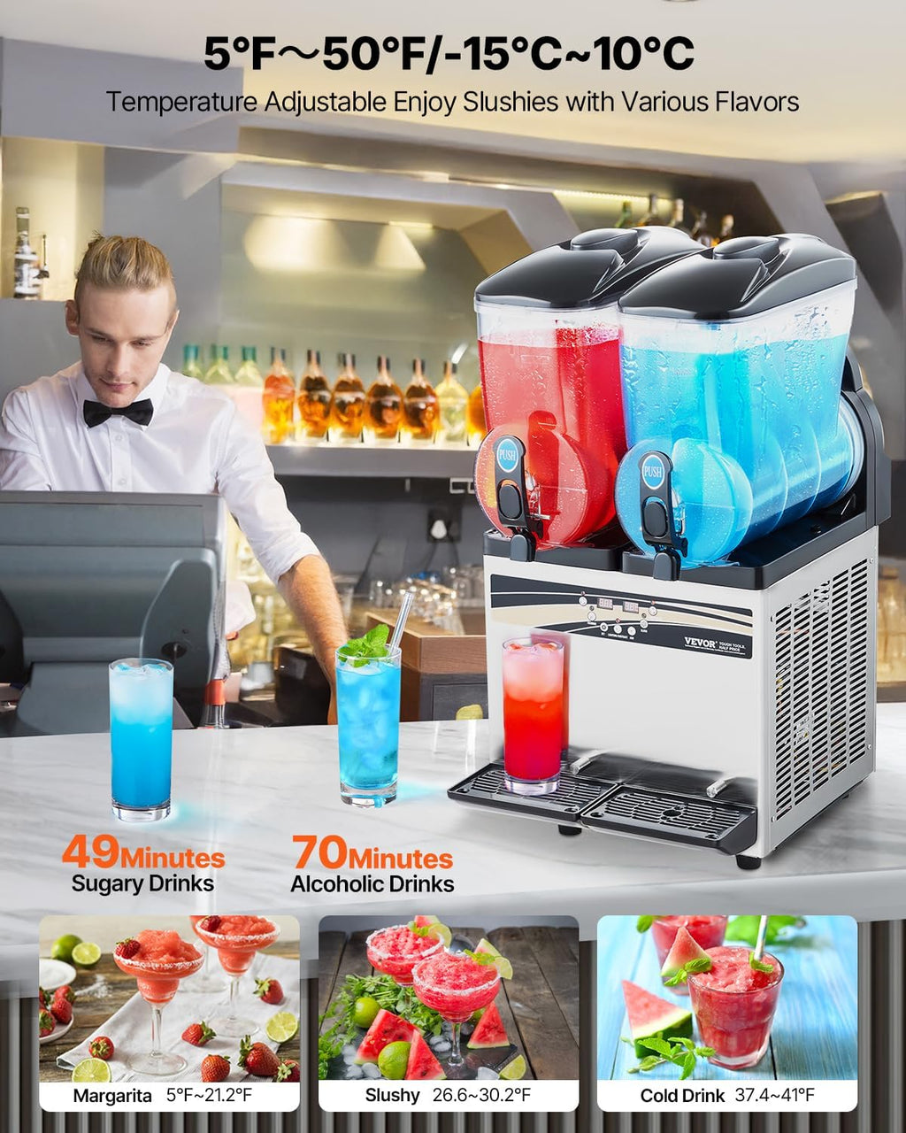 VEVOR Slushy Machine, 15Lx2 Double Tank Commercial Margarita Machine, 120 Cups Stainless Steel Margarita Smoothie Frozen Drink Machine, Slushie Machine for Home Party Restaurants Cafe Bars wourant