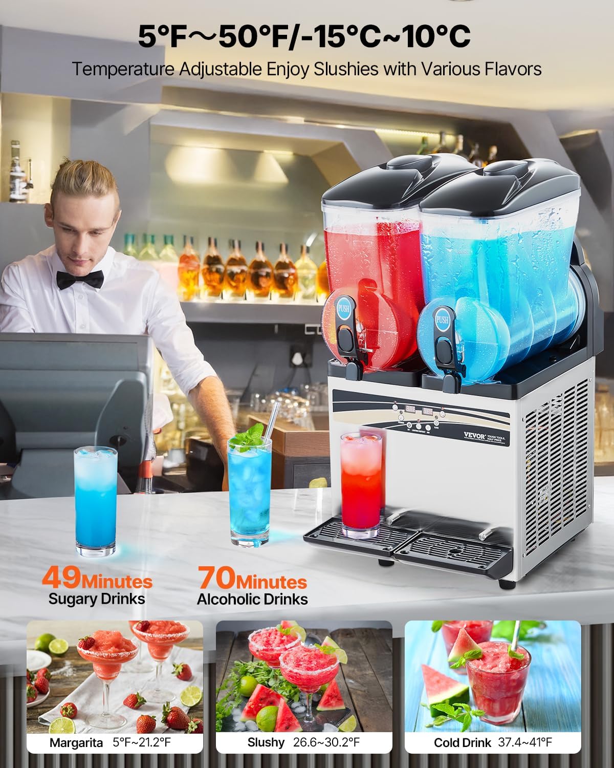 VEVOR Slushy Machine, 15Lx2 Double Tank Commercial Margarita Machine, 120 Cups Stainless Steel Margarita Smoothie Frozen Drink Machine, Slushie Machine for Home Party Restaurants Cafe Bars wourant