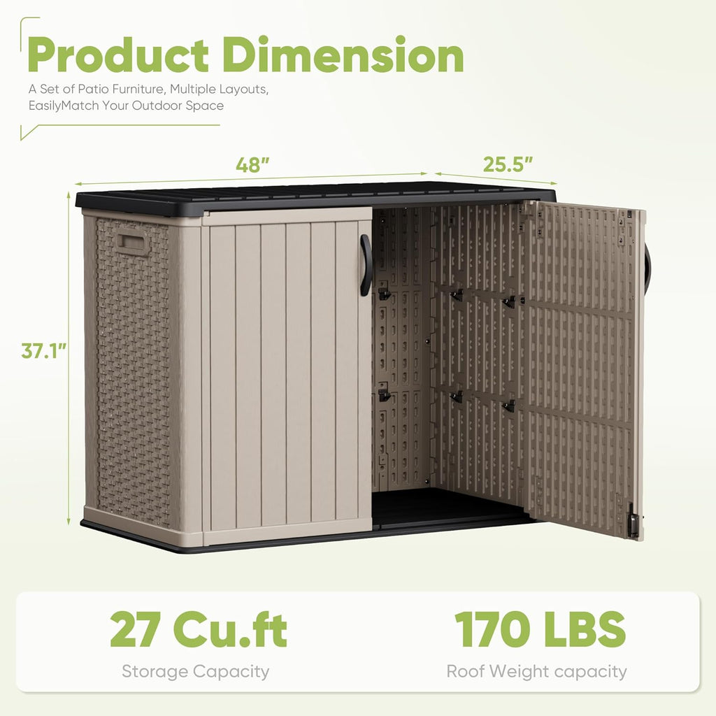 Devoko Outdoor Storage Cabinet 26 Cu Ft with Lockable Doors, Horizontal Storage Shed Waterproof Patio Tools Storage Box wourant