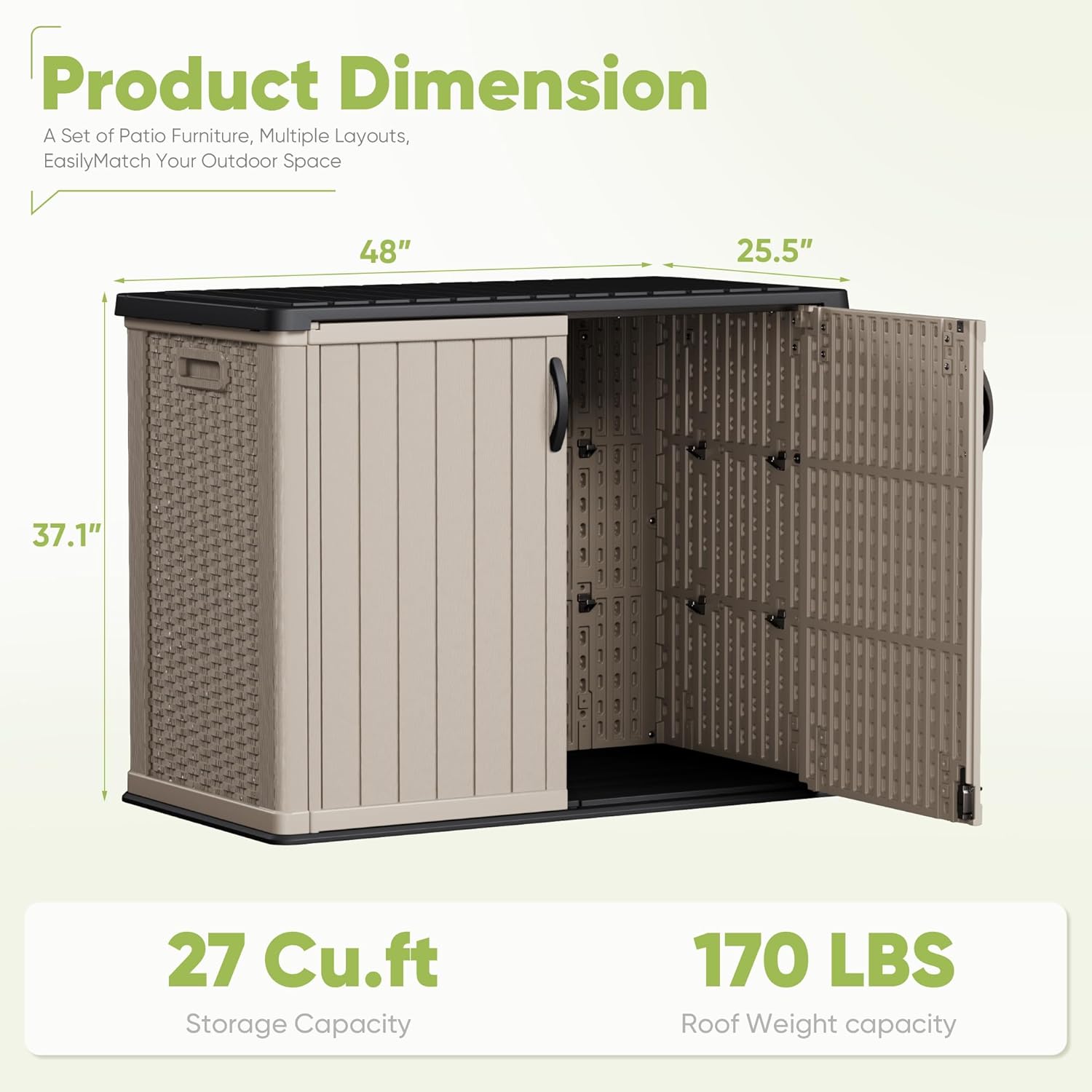 Devoko Outdoor Storage Cabinet 26 Cu Ft with Lockable Doors, Horizontal Storage Shed Waterproof Patio Tools Storage Box wourant