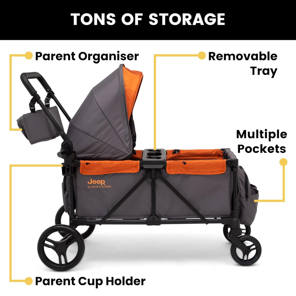 Jeep Sport All-Terrain Stroller Wagon by Delta Children - Includes Canopy, Parent Organizer, Adjustable Handlebar, Snack Tray & Cup Holders, Grey/Olive Green wourant